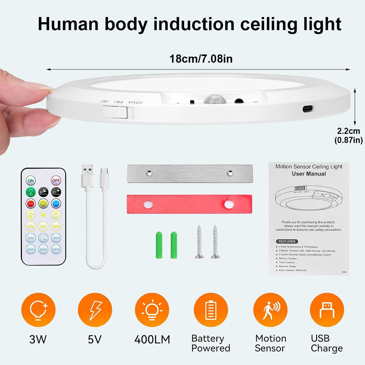 Pack of 4 Rechargeable Motion Sensor Ceiling Light with Remote - Magnetic Wireless Ceiling Light Battery Powered for Closet Shower Stairs Shed Hallway Porch Patio ect,Suitable for various scenarios, easy to install,Supports both motion-sensing and always