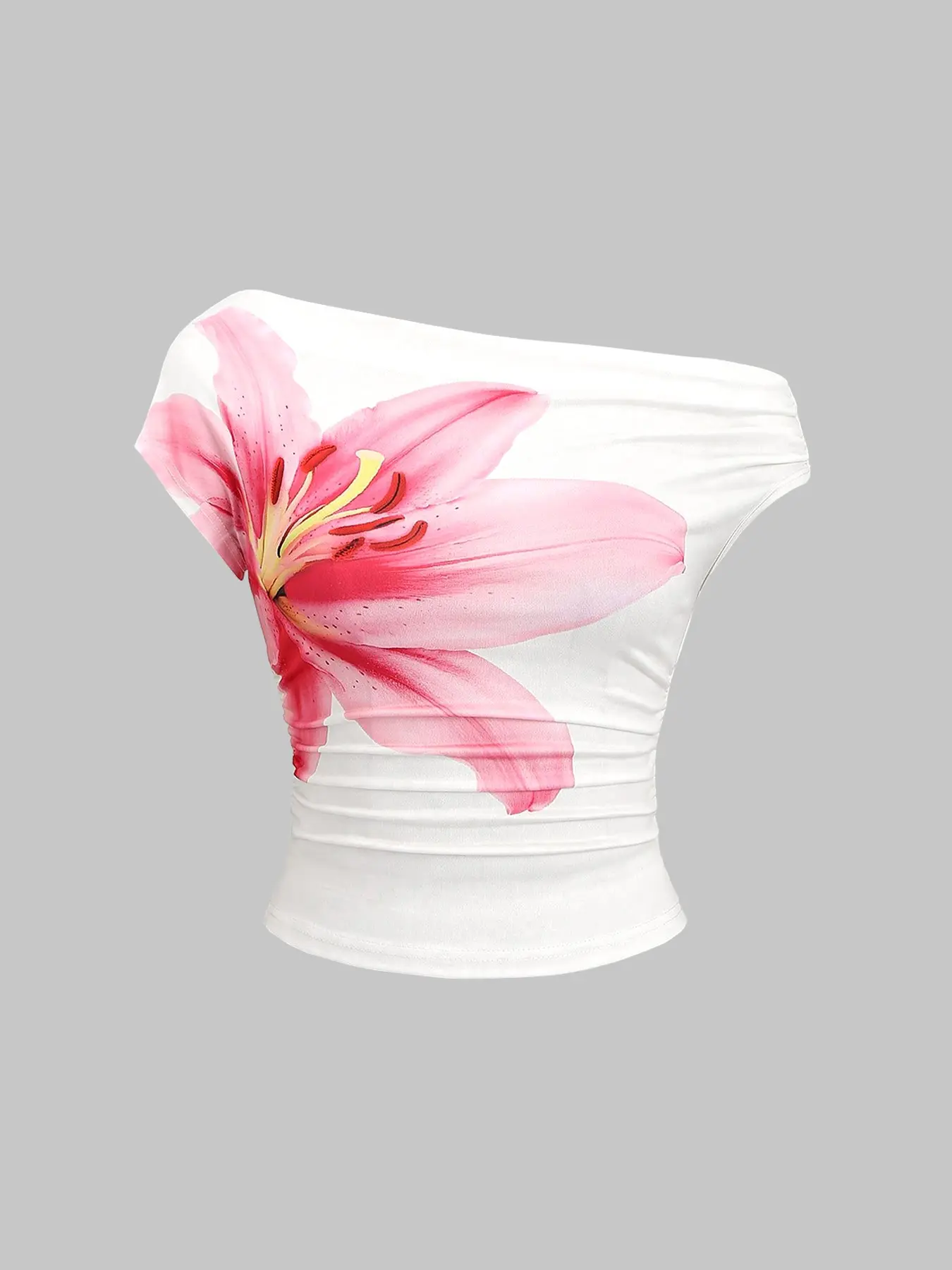 Women's Asymmetrical Shoulder Top, Lily Print, Floral, Flower, Beach, Sunrise Sunset Style, Fashionable Casual Wear, All Seasons, Fit, Womenswear, Elegance, Beachy Shirt, Casual Classy Top