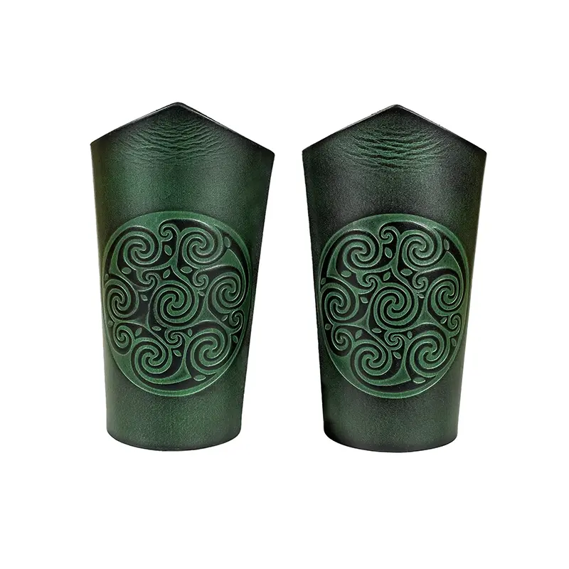 6.2inch Green Leather Bracers with Celtic Spiral Embossed Design Perfect Wirstband for LARP, Cosplay, Medieval Events