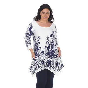 212 MAIN Women's Plus-Size Polyester Spandex Casual Blouse - White & Navy Floral Print Yanette Tunic Shirt with Pockets, Long Sleeve, Comfortable, 3X (PS1301-04)