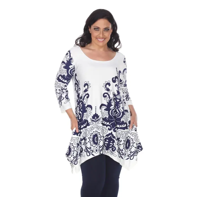 White Mark PS1301-04-3XL Yanette Womens Plus-Size Tunic Top - White & Navy, 3X