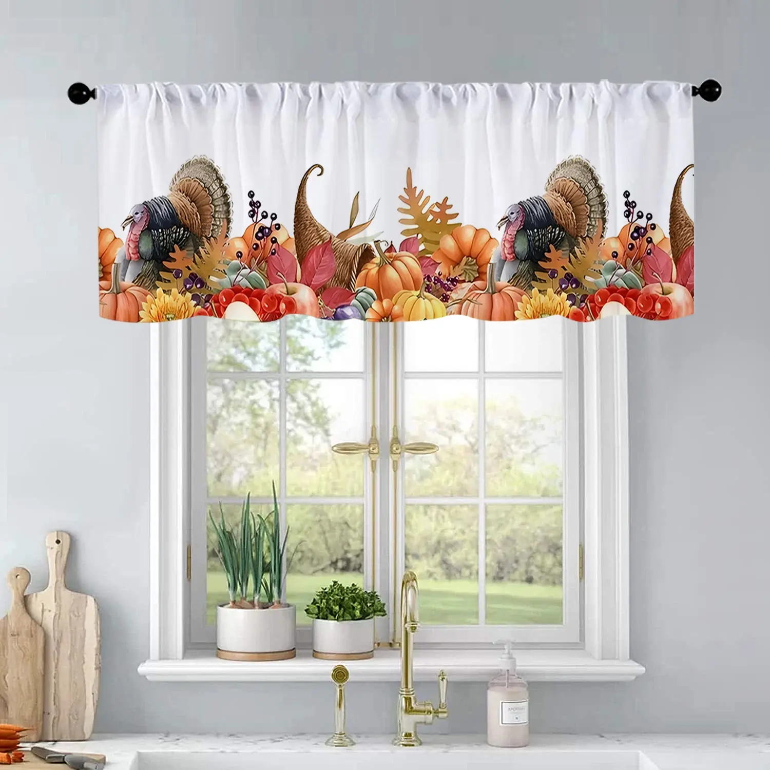 1 Pc Pumpkin Sunflower Turkey Flower Maple Leaf Autumn Thanksgiving Watercolor Print Kitchen Curtain Short Curtain Pole Design Living Room Bedroom Bathroom Home Decor 54 x 18 Inch
