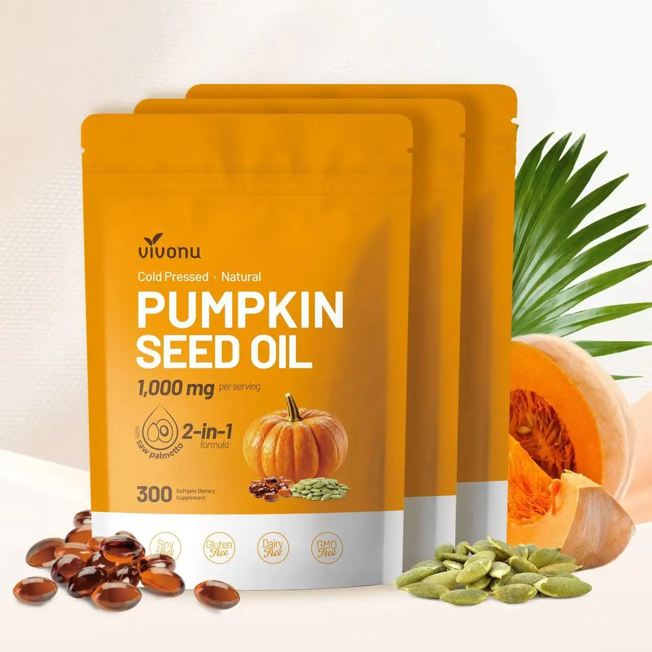 VivoNu Natural pumpkin seed oil and saw palmetto softgel 1000mg high content plant esters 300 capsules