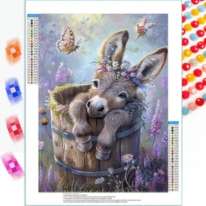 5D Diamond Painting Kit Featuring Charming Baby Donkey in Bucket Floral for Adults, Cartoon Cute Animal Theme Complete with Round Diamonds, Embroidery Art for Home Wall Decoration, And a Landscape Dot Painting Set，Frameless, Craft