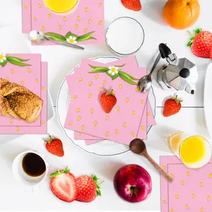 20 Sheets Pack, Fruit Party Cartoon Strawberry Square Paper Towels, Strawberries Disposable Napkins, Decorative Napkins, 33x33cm, Party Festival Decorations