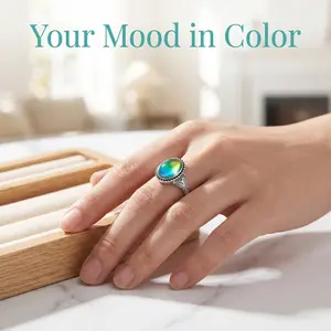 White Gold Plated Vintage Mood Ring | Tarnish-Free Oval Gemstone Solitaire Band | Elegant Color Changing Victorian Jewelry for Her