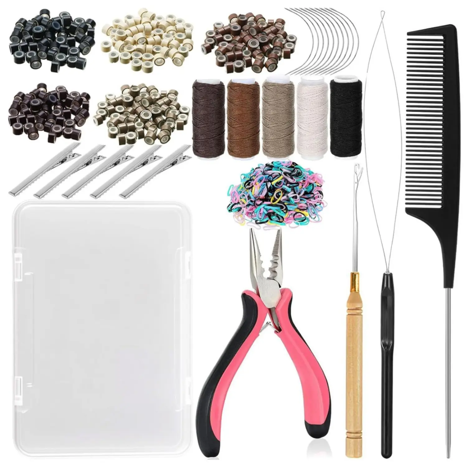 Hair Extension Tools Kit, 500 Silicone Lined Micro Rings, 1 Plier, 1 Hook Needle Pulling Loop, 10 Curved Hair Needle, 5 Metal Hair Clips, 1 Comb, 5 Sewing Threads, 200 Mini Rubber Bands - Home Improvement.