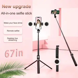 New 67'' Phone Tripod with Fill Light & Remote, Selfie Stick Tripod, Extendable Stand for iPhone 16/15/14/13/12 & Android, Stable, Portable Travel Accessory (Compatible with all iPhone & Android）