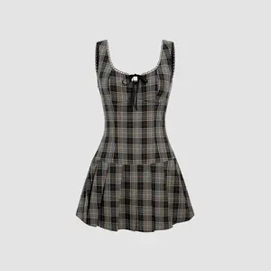 Cider [2 colors, size 0-26] Square Neck Check Bowknot Pleated Mini Dress