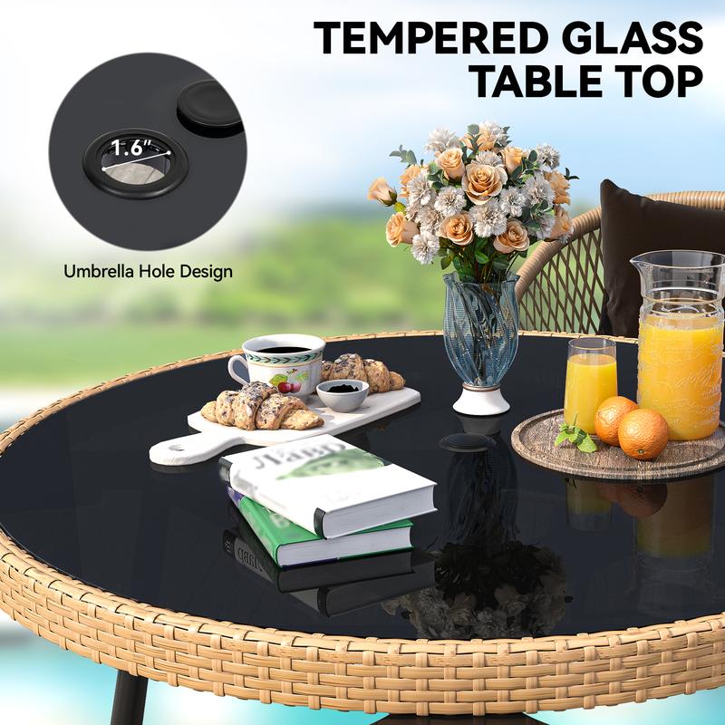 Yitahome 5-Piece Outdoor Dining Set with Umbralle Hole, Rattan Patio Dinging Set for 4 with Cup Holders Soft Cushions and Glass Top Dining Table for Backyard Deck Bacony