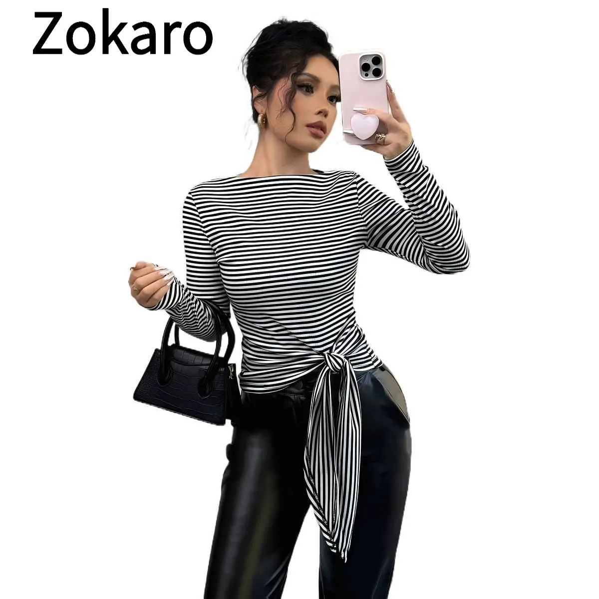Casual Striped T-Shirt for Women with Tie-Front, Black & White Vertical Stripes, Long Sleeve Round Neck, Ideal for Spring/Fall, Everyday Wear, Trendy Casual Outfit, Streetwear Style Knit Womenswear