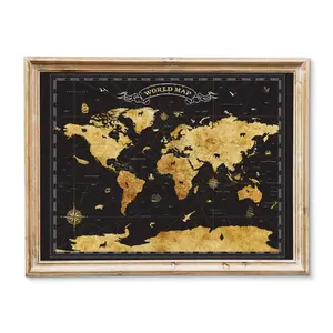 World Map Pinboard Wall Art Travel Tracker Board, Black and Gold Unframe Print