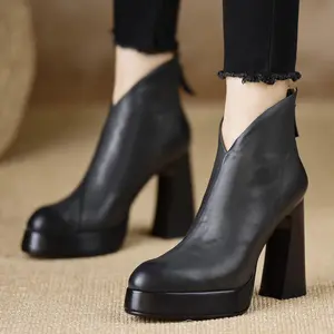 French Style High Quality Platform Ankle Boots with Chunky Heel - Retro Brown Shoe for Jeans & Dresses, PVC, Rubber Sole, Zipper Closure (Low-Heel for) - Autumn Winter Fashion Footwear