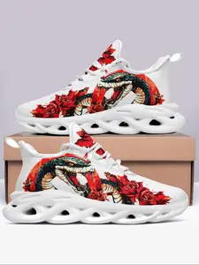 Men's Snake & Rose Print Lace Up Low Top Sneakers, Lightweight Comfortable Casual Sports Shoes, All-Match Design for Daily Wear