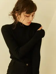Women's Plain Turtleneck Ribbed Sweater, Casual Slim-Fit Long Sleeve Jumper for Fall & Winter, Women's Knitwear for Daily Wear