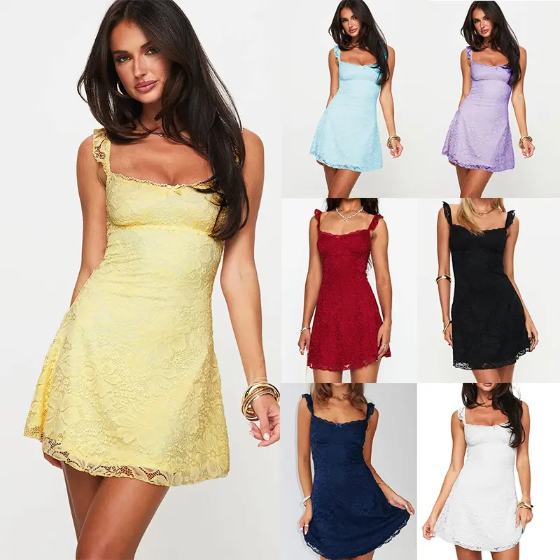 2026 Spring/Summer New Women's Lace Patchwork Slim Fit Square Neck Sexy Dress Cute Bounce Dress