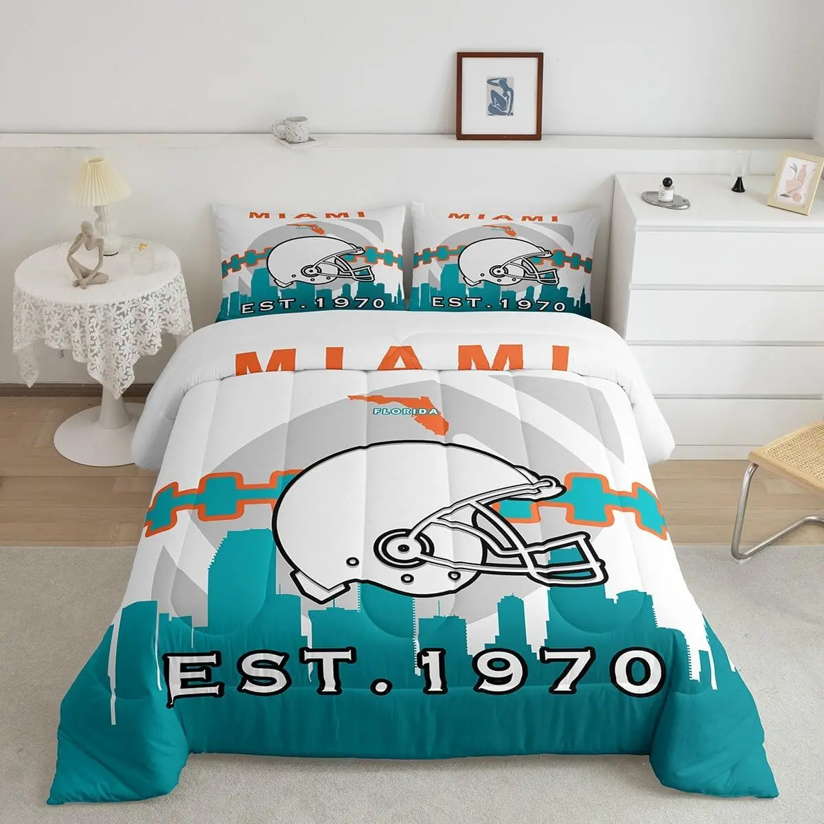 Feelyou Football Fashion Bedding Set - Multi-Size King Sports Duvet with Blue-Orange Rugby Design, Miami Football City Inspired U-Stitching, Breathable Bedding Blanket for Boys, Easy-to-Carry for Bedroom, Dormitory, Guest Room
