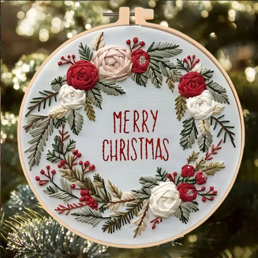 Festival Theme Wreath Pattern DIY Embroidery Kit, 1 Set Embroidery with Hoop Suture Practice Kit for Adults, Handmade Unfinished Products Gift, Embroidery Craft, Embroidery Design