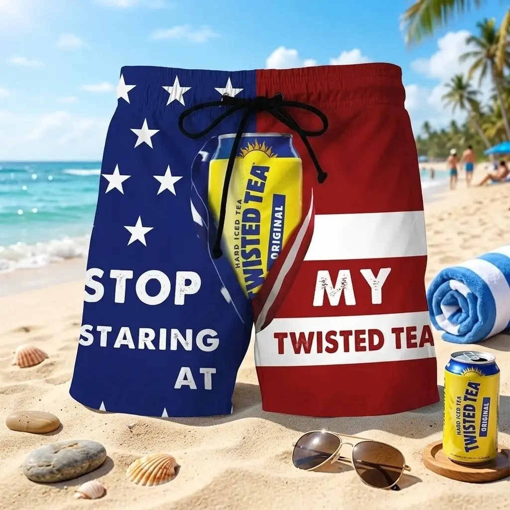 Stop Staring At My Twisted Tea Hawaiian Shorts, Twisted Tea US Flag Beach Shorts, 4th of July Outfit, Tropical Beer Print Swim Trunks, Summer Beach Shorts for Men, Gift for Beer Lovers