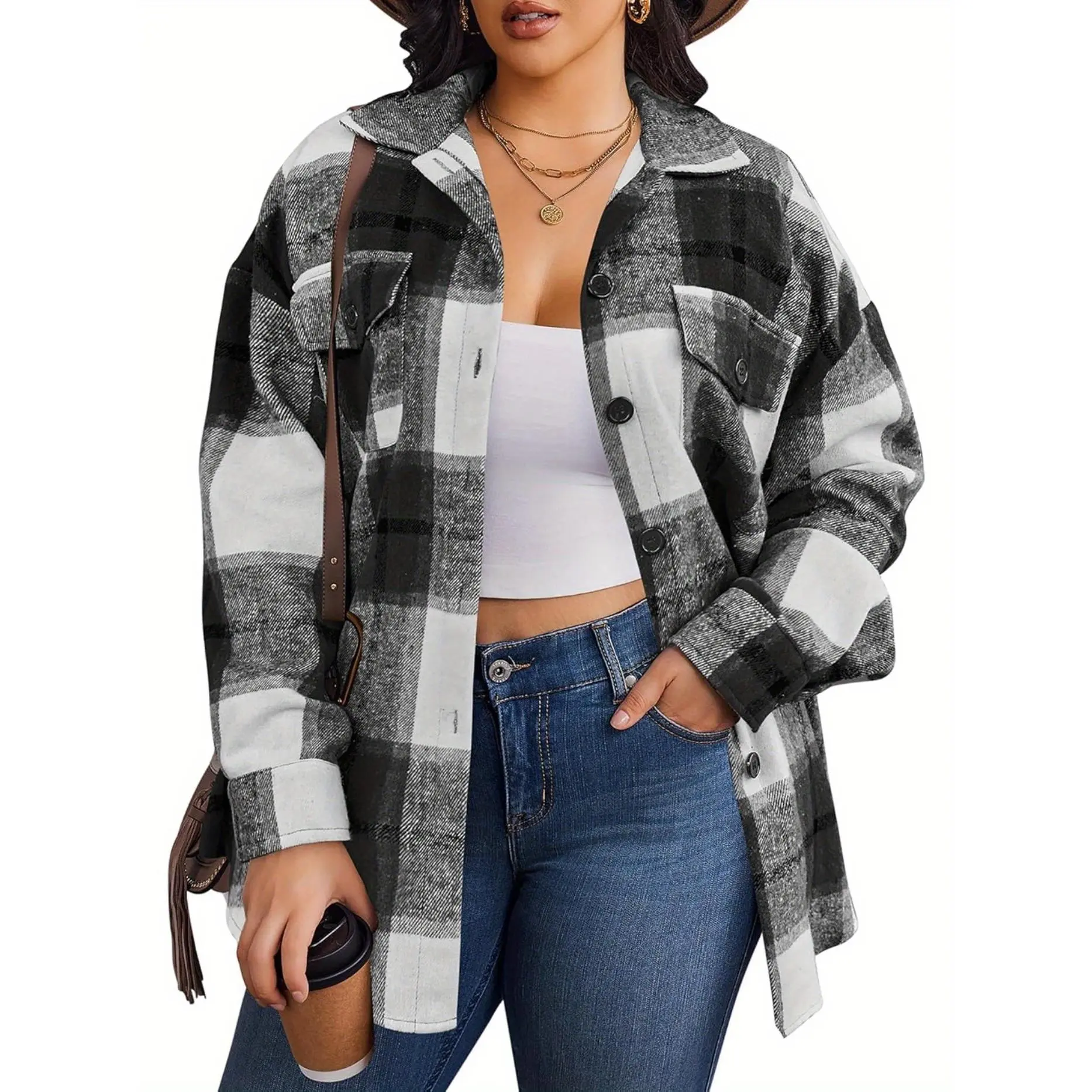 Plus Size Plaid Flannel Shacket for Women, Casual Colorblock Long Sleeve Button Down Loose-Fitting Fall Jacket, Longsleeves, Collared Neck
