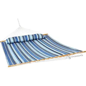 Sunnydaze Quilted Double Hammock for Outside with Spreader Bars and Pillow - 450 lb Capacity, 74x55 Inch Bed, UV Resistant, Quick Dry - Chains Included, Stand Sold Separately - Misty Beach