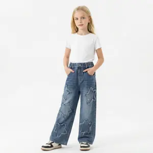 Girls’ wide-leg jeans with star patches — elastic waistband, light wash denim, suitable for ages 3–12, street fashion style Girls' Loose Cowboy