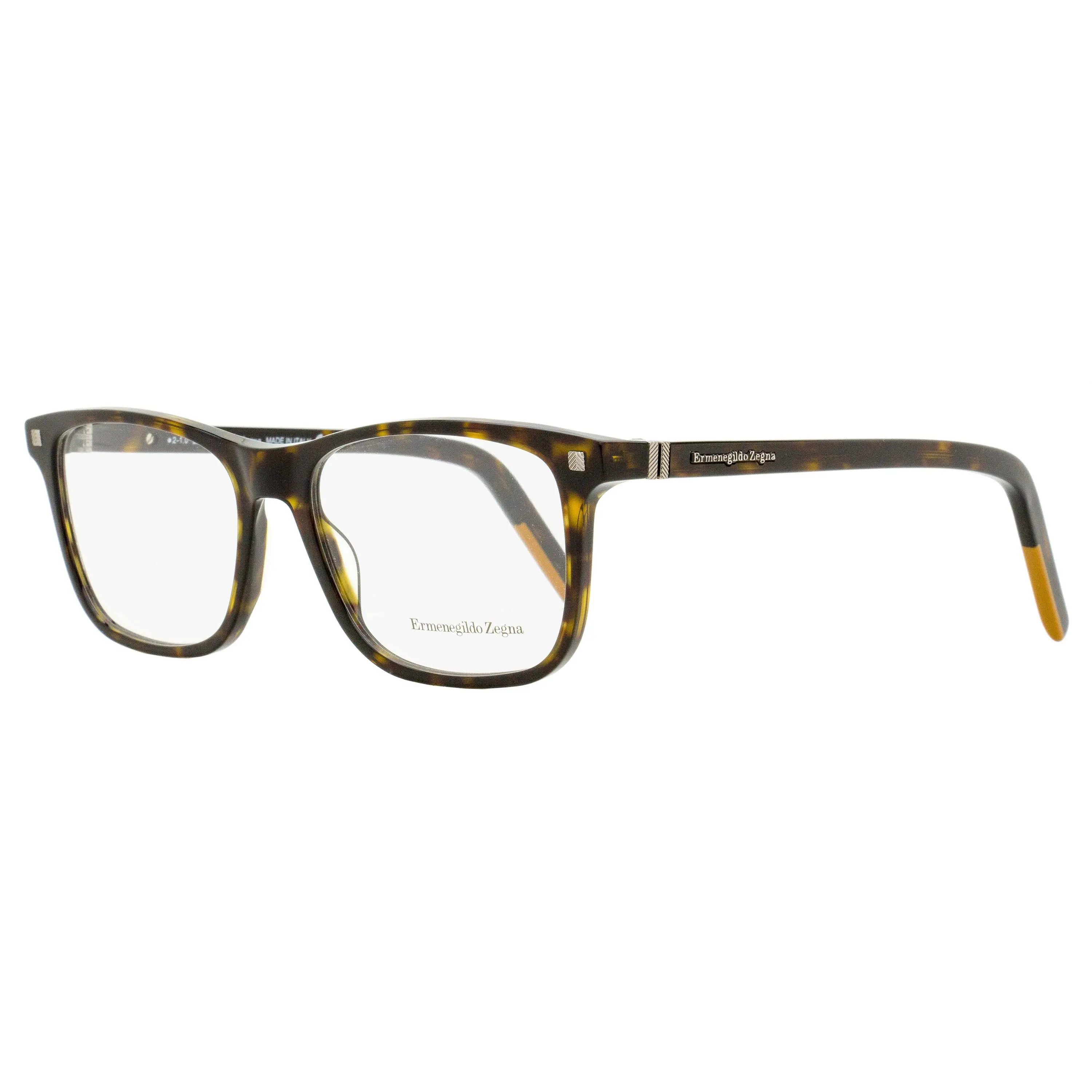 Zegna EZ5187 Rectangular Acetate Fashion Eyeglasses Men's Frames with Herringbone & Vicuna Detail, Dark Havana, 56mm, Geometric Men's Frames, Signature Vicuna Treatment