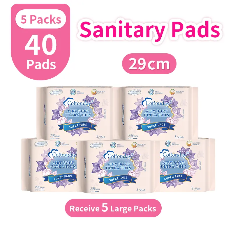 Cottonday Heavy Night 290mm 8Pads Feminine Night Santary Napkin Zero-Feel Ultra Thin Soft and Absorbent Organic Cotton Bellflower Series
