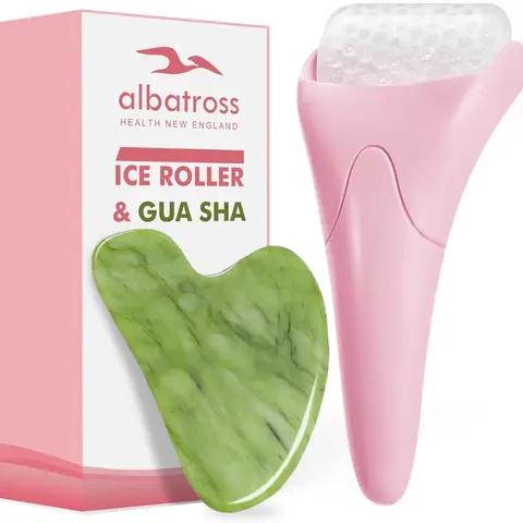 Albatross Health Multi-Pack Ice Roller & Jade Stone Gua Sha Facial Beauty Tools - Calming Anti-Wrinkle Daily Self Care Products for Lymphatic Drainage, Puffy Skin Reduction, Jawline, Cheek & Nose Targeting