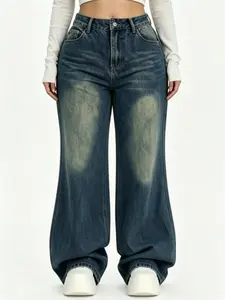 Women's Casual Comfy Mid Waist Denim Wide Leg Jeans,Simple Style Multi-pocket Denim Trousers for Women,Classic Women's Pants, Daily Urban Fashion Wear