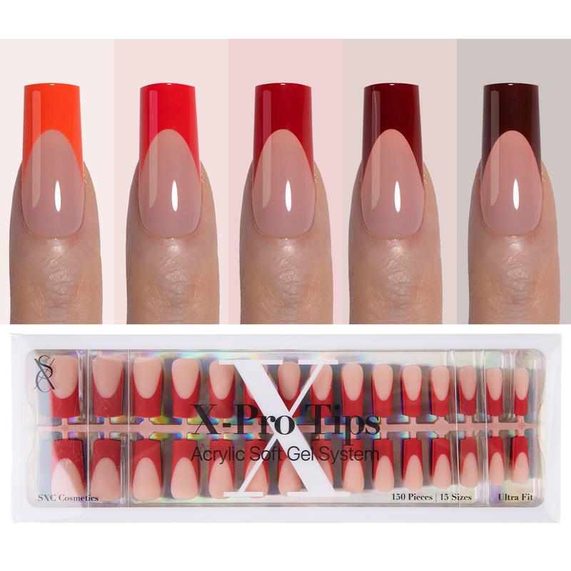 SXC Cosmetics X-Pro Tips - Nail Tips Only - 5 Red Shades French Tip Press On Nails, 150/160pcs, Almond/Coffin/Square Shapes, XS-M Sizes DIY Salon-Quality Nails at Home