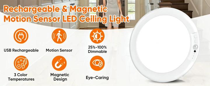 Smart Motion Sensor Ceiling Light, Rechargeable Motion Sensor Ceiling Light with Remote, Magnetic Wireless Ceiling Light Battery Powered for Closet, Shower, Stairs, Shed, Hallway, Porch, Patio, Garage, Easy to Install