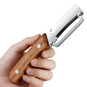2-in-1 Stainless Steel Fruit & Veggie Peeler with Bottle Opener, Wooden Handle Non-Slip Ergonomic Grip, Sharp Durable Peeler for Kitchen Vegetable Fruit Peeling