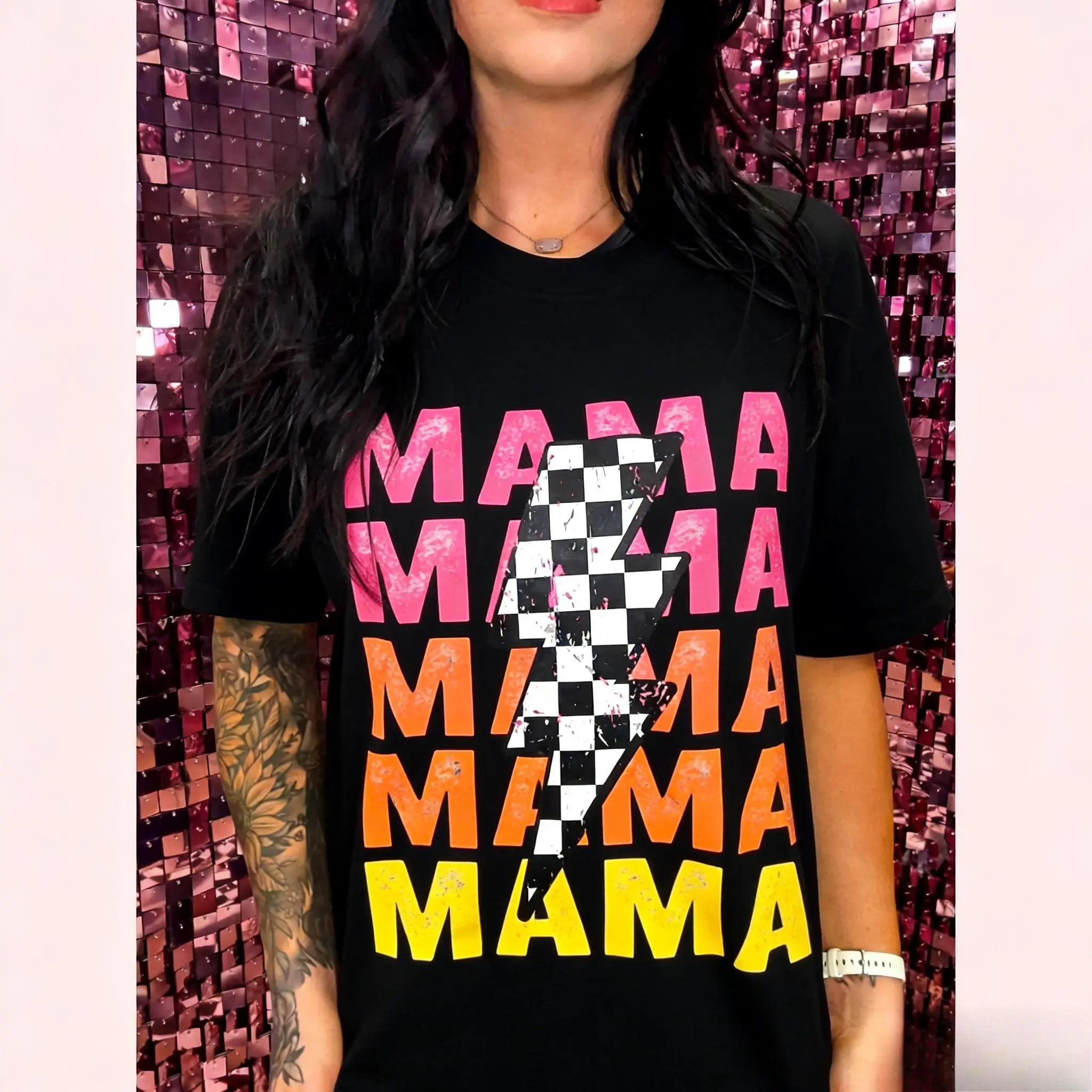 Mama Checkered Lightning Bolt T-Shirt | Retro Sassy Mama Graphic Tee | Casual Black Mama Lightning Print Shirt | Mother's Day Gift for Mom | Unisex Mom Life Streetwear Casual Top