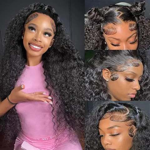Women's 13x6 HD Lace Frontal Kinky Curly Wig - 100% Virgin Brazilian Human Hair, Glueless Invisible Swiss Lace Closure, 180% Density Heat Resistant Natural Black for Daily & Party Use, Glueless Human Hair