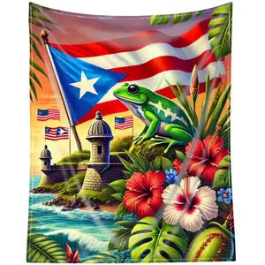 Puerto Rico Pride Blanket - Bright Frog and Flag Pattern, Soft Flannel Sofa or Bed Blanket, Machine Washable