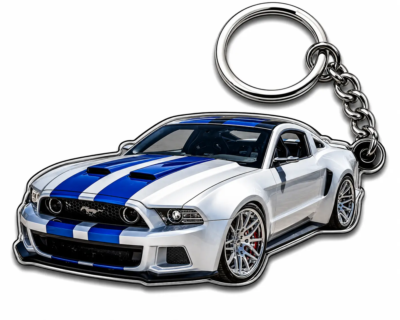 Ford Mustang Keychain – White & Blue American Muscle Car Key Ring, Sports Car Accessory, Gift for Mustang Fans & Car Lovers