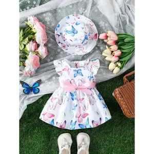 Baby Girl Butterfly Print Dress and Hat Set - Adorable Flutter Sleeve Outfit Infant Toddler Holiday Clothing