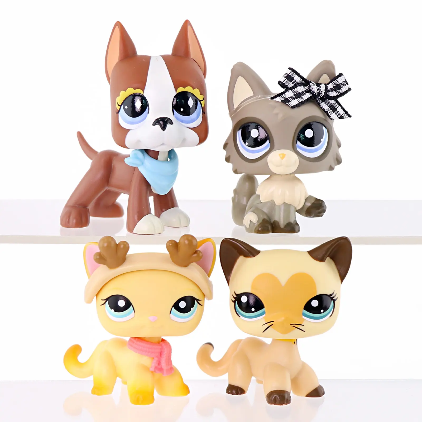 4 PCS Cute Cartoon Pet Animal Figures , Bandana Great Dane, Plaid‑Bow Kitty, Antler‑Scarf Cat & Heart‑Face Siamese Cat Mini Figurines, Small Collectible Toys for Pretend Play, Desktop Decoration, Kids Birthday Party Favor Gift for Boys Girls Age 3+