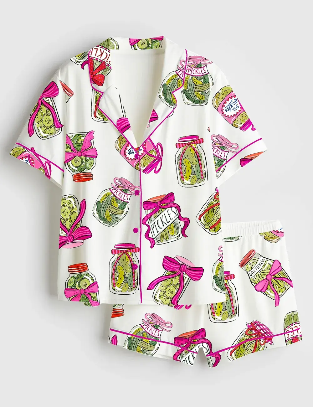 2026 Pickle Lover Pink Bow Pajama Set for Women, Cute Pickle Print Long Sleeve Satin Sleepwear, Girly Coquette Loungewear, Gift for Her