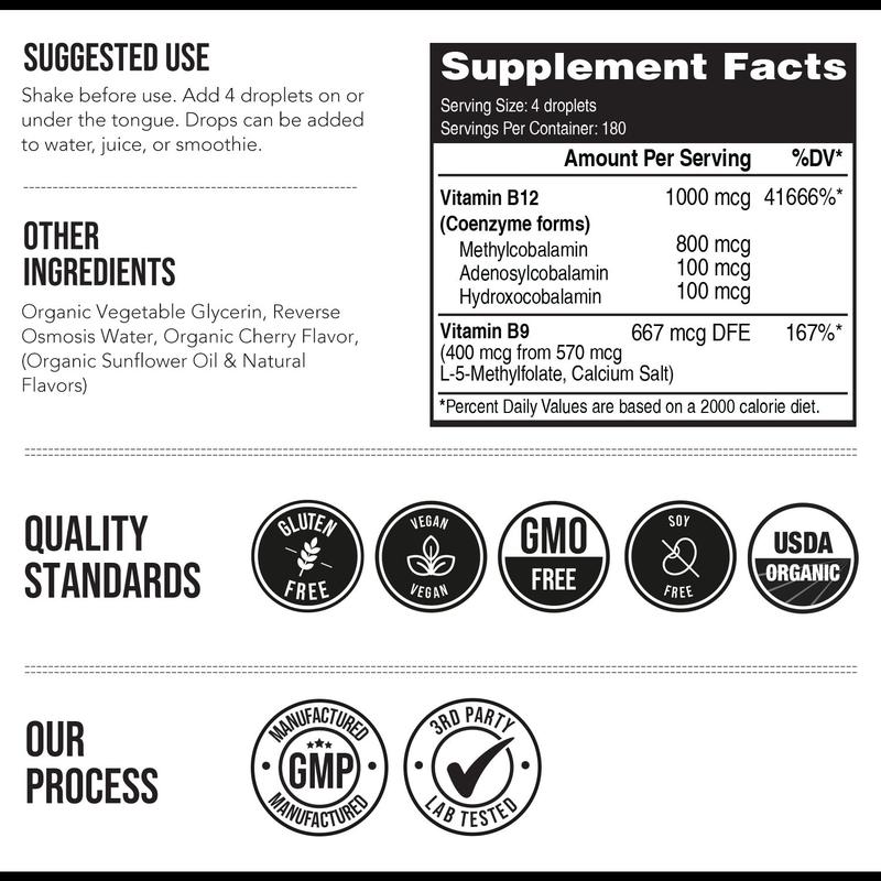 BioActive B12 1000 mcg - 3 Forms + Methylfolate | Sublingual, Cherry Flavor, Organic, Vegan (180 Servings) Healthcare Vitamin Fitness Edible