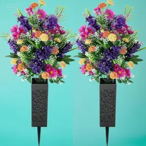 Purple Violet Mums Bouquets for Cemetery Decor - Memorial Day Grave Flowers - 2 Pcs Floral Arrangements with Vases - Outdoor Safe & Weather-Resistant - Durable Artificial Blooms for Graves Decorative Fruit Plants Set vintage home decor bedroom wall farmho