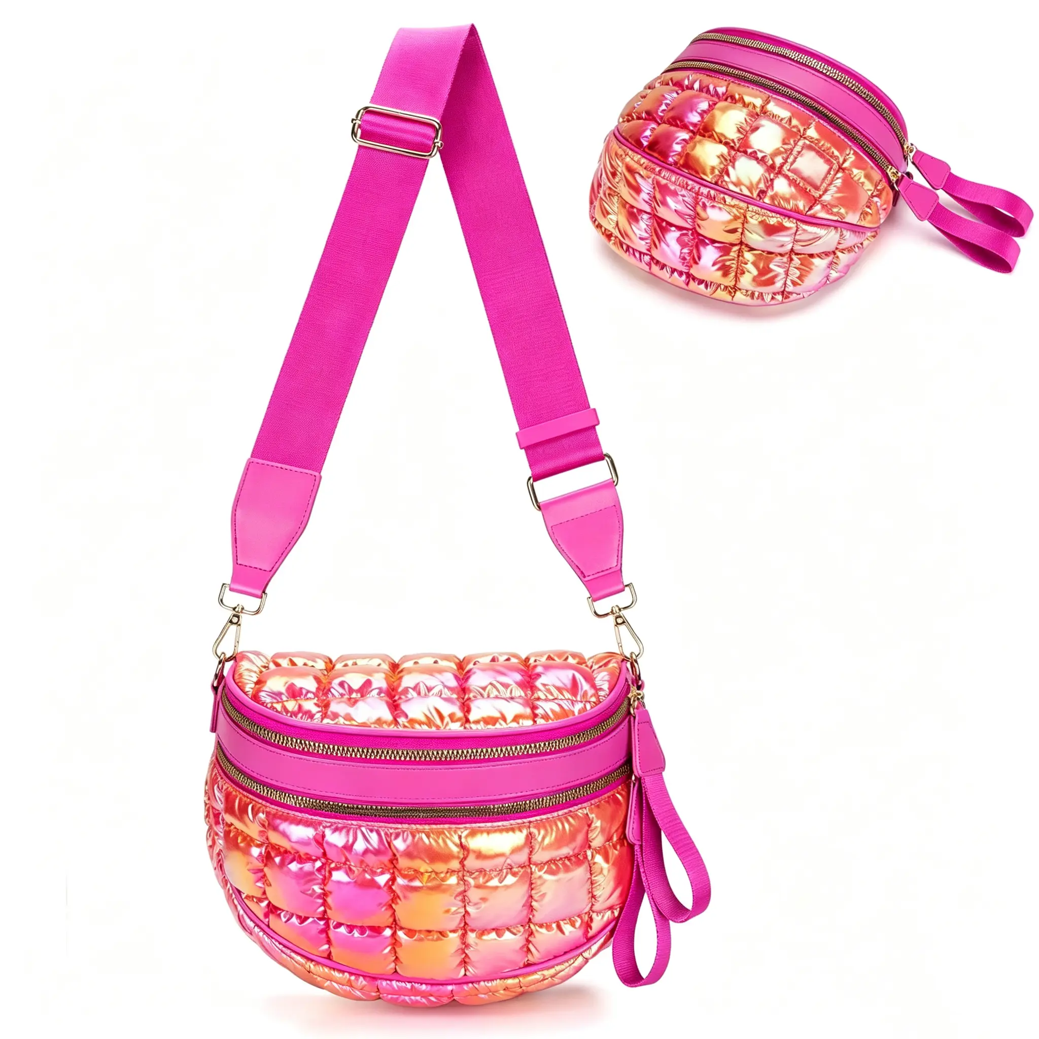 【CC SHOP]Holographic Bubble Quilted Crescent Crossbody Bag for Women, Adjustable Wide Strap Sling Fanny Pack, Shiny Puffer Mini Shoulder Purse for Festival Travel Daily Use