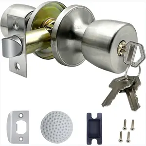 Satin Nickel Door Knob with Lock and Key Round Ball Lock Interior/Exterior Door Knob for Bedroom Or Bathroom (1 Pack)