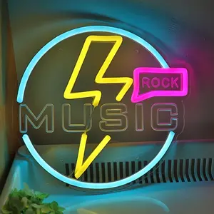 1pcRock Music Neon Sign with Lightning Bolt & Rock Icons - Wall-Mountable LED Light Suitable for Bedroom, Garage, for Man Cave, Rock-Themed Parties