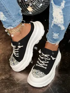 Women's Fashion One-Step Thick Sole Casual Shoes, Comfortable Half-Buckle Rhinestone Design, Spring Summer Fall Daily Wear