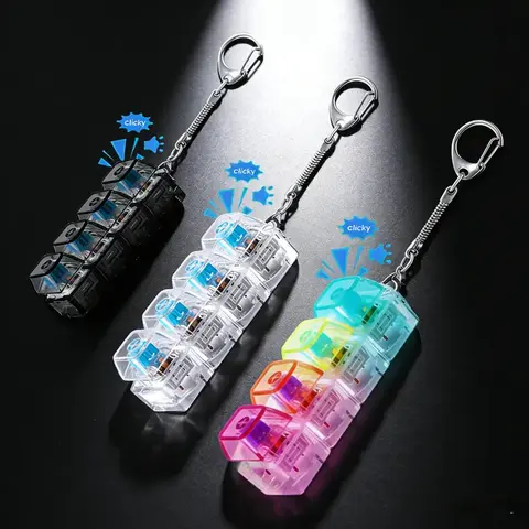 Pocket-Size Glow-in-the-Dark 4-Key Mechanical Keyboard Clicker Keychain with LED Lights, Transparent Body Executive Desk Tool, Fidgets for Anxiety, Stress Relief Toy (Indoor Recreation, Clicker Fidget Toys)