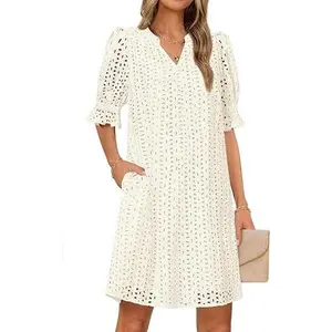 MEROKEETY Women's 2025 Summer Casual Short-Sleeve V-Neck Mini Dress with Ruffle, Hollow-Out, Eyelet Lace Details