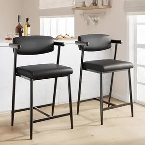 Modern 2-Piece Counter Height Barstools, 26.5" Upholstered with Armrests, Wide Thick Cushions, Retro Black for Dining Room, Kitchen