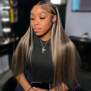Blonde Highlight Straight Wig Human Hair HD Transparent Lace With Elastic Strap Human Hair Black and Blonde Wigs Pre Plucked 1b/27 for women